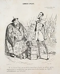 Commerce anglais.  Yé vo dis qu'il faut, que vo ach'te ce poisonne to d'suite, no vollons que vo empposonniez vo véritéblement, pou que'no avions du thé bocoupe pou digerer conforteblément nos Beefteakes! by Jean-Jacques Grandville (French, 1803–1847)