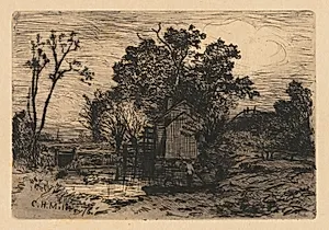 Cottage and Two Figures in a Boat by Charles Henry Miller (American, 1842–1922)