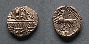 Cunobeline Stater: Tablet on Wreath (reverse); Two Horses and Wheel (reverse) by Unknown Artist