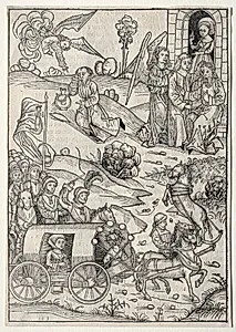 Der Schatzbehalter:  The Return of Tobias to Tobit; The Arrival of Tobias' Wife; The Angel Bringing Food and Drink to Elijah in the Desert by Michael Wolgemut (German, 1434–1519)
