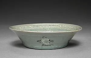 Dish with Inlaid Chrysanthemum Design by Unknown Artist