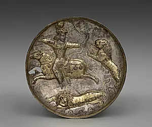 Dish with King Hormizd II or Hormizd III Hunting Lions by Unknown Artist