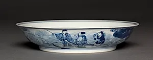 Dish with Laozi Riding a Water Buffalo (interior); Pavilion and Immortals in Rocky Landscape (exterior) by Unknown Artist