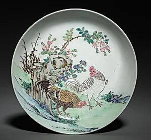 Dish with Two Cocks in Landscape by Unknown Artist