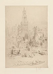 Downtown Manhattan from the East River, with the Woolworth Building by William Walcot (British, 1874–1943)