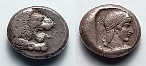 Drachm: Forepart of Lion (obverse); Head of Aphrodite (reverse) by Unknown Artist
