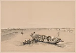 Egypt and Nubia:  Volume I - No. 4, Slave Boats on the Nile, View Looking Towards the Pyramids of Dashour and Saccara by Louis Haghe (British, 1806–1885)