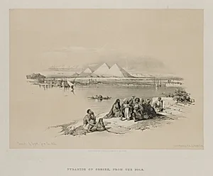 Egypt and Nubia, Volume I: Pyramids of Geezeh, from the Nile by Louis Haghe (British, 1806–1885)