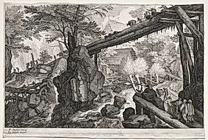 Eight Bohemian Landscapes:  Landscape with Log Bridge over Cataract by Aegidius Sadeler (Flemish, c. 1570–1629)