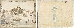 Eighteen Views of Rome: The Piazza Barberini (recto); Tracing of a Fountain from recto and Sketches of Two Faces (verso) by Lievin Cruyl (Flemish, c. 1640-c. 1720)