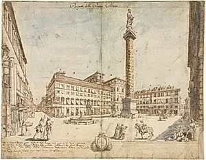 Eighteen Views of Rome: The Piazza Colonna by Lievin Cruyl (Flemish, c. 1640-c. 1720)