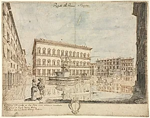 Eighteen Views of Rome: The Piazza Farnese (recto) by Lievin Cruyl (Flemish, c. 1640-c. 1720)