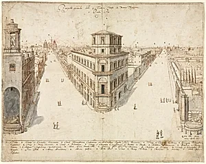 Eighteen Views of Rome: The Quattro Fontane Looking Toward Santa Maria Maggiore by Lievin Cruyl (Flemish, c. 1640-c. 1720)