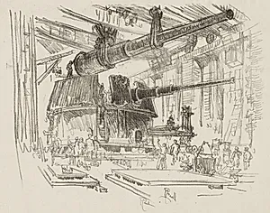 English War Work:  Fitting Guns in Turrets by Joseph Pennell (American, 1857–1926)