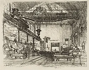 English War Work:  Planing Big Shells by Joseph Pennell (American, 1857–1926)