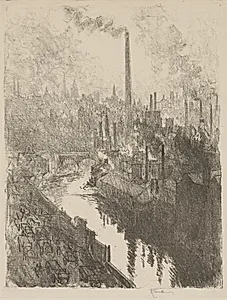 English War Work:  The Great Chimney, The Motor Park by Joseph Pennell (American, 1857–1926)