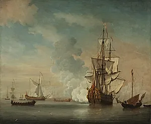 English Warship Firing a Salute by Unknown Artist