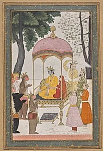 Enthroned Rama and Sita receive homage from their monkey and bear Allies, from the Yuddha Kanda (Book of the War) of a Ramayana (Rama’s Journey) by Unknown Artist