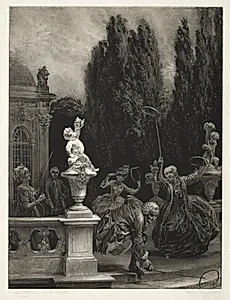 Essay on Stone with Brush and Scraper:  Playing at Hoops on the Castle Terrace by Adolph von Menzel (German, 1815–1905)