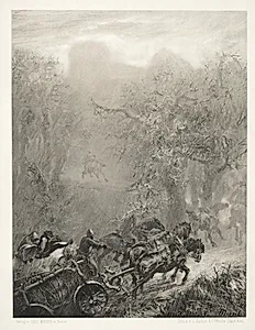 Essay on Stone with Brush and Scraper:  The Convoy of Prisoners through a Woods by Adolph von Menzel (German, 1815–1905)