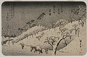Evening Snow at Asuka Hill, from the series Eight Views of the Environs of Edo by Utagawa Hiroshige (Japanese, 1797–1858)