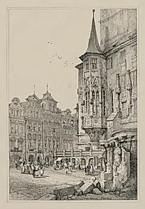 Facisimilies of Sketches made in Flanders and Germany: Hotel de Ville, Prague by Samuel Prout (British, 1783–1852)