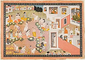 Feast where Vishnu decides he will incarnate as King Dasharatha’s sons, from Chapters 14–15 of the Bala Kanda (Book of Childhood) of a Ramayana (Rama’s Journey) by Unknown Artist