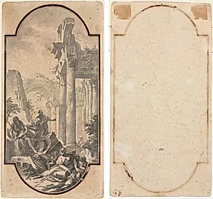 Figures Near the Ruins of a Corinthian Temple (recto); Fragment of an Arch (tracing from recto) (verso) by Andrea Locatelli (Italian, 1695–1741)
