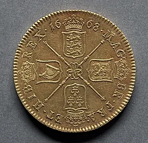 Five Guineas: Crowned Shields of Arms from England, Scotland, France, and Ireland (reverse)