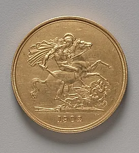 Five Pound Piece: St. George and the Dragon (reverse) by Benedetto Pistrucci (Italian, 1784–1855)