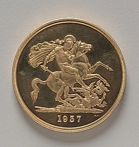 Five Pound Piece: St. George and the Dragon (reverse) by Benedetto Pistrucci (Italian, 1784–1855)