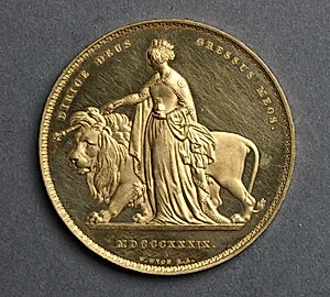 Five Pound Piece: Una, Guiding the Lion (reverse) by William Wyon (British, 1795–1851)