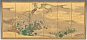 Flowers and Trees of the Four Seasons (left screen) by Watanabe Shikō (Japanese, 1683–1755)