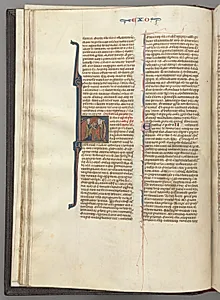 Fol. 20v, Exodus, historiated initial H, Moses and two followers with the tablets of the law by Unknown Artist