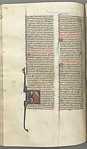 Fol. 222v, Psalm 52, historiated initial D, a fool naked but for a cloak, holding a bladder, bust of God above by Unknown Artist