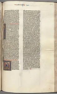 Fol. 353r, Joel, historiated initial V, Joel seated with a scroll, bust of God above by Unknown Artist