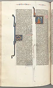 Fol. 354v, Amos, historiated initial V, Amos kneeling in prayer, bust of God above by Unknown Artist