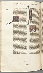 Fol. 357v, Jonah, historiated initial E, Jonah swallowed by the whale, a walled city above by Unknown Artist