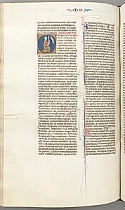 Fol. 360v, Nahum, historiated initial O, Nahum kneeling with a scroll, bust of God above by Unknown Artist