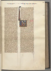 Fol. 36r, Leviticus, historiated initial V, Moses offering a sacrificial lamb on an altar by Unknown Artist