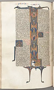 Fol. 391v, Matthew, full-length historiated initial L, the Tree of Jesse, with a sleeping Jesse at the base and six of the ancestors of Christ in irregular compartments by Unknown Artist