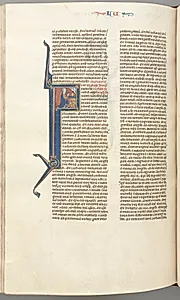 Fol. 412v, Luke, historiated initial F, Luke praying at an altar, bust of God above by Unknown Artist