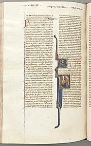 Fol. 435v, Romans, historiated initial P, Paul seated with a sword talking to the bust of God above by Unknown Artist