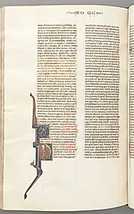 Fol. 445v, Corinthians II, historiated initial P, Paul standing with a sword, talking to the bust of God above by Unknown Artist