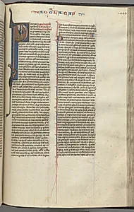 Fol. 449r, Galatians, historiated initial P, Paul seated with a sword, talking to the bust of God above by Unknown Artist