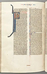 Fol. 453v, Colossians, historiated initial P, Paul standing talking to the bust of God above by Unknown Artist