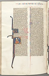Fol. 455v, Thessalonians II, historiated initial P, Paul seated with a sword, talking to the bust of God above by Unknown Artist