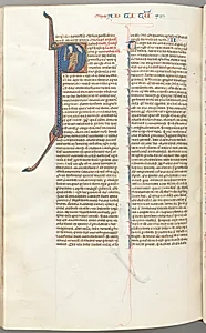 Fol. 457v, Timothy II, historiated initial P, Paul talking to the bust of God above by Unknown Artist
