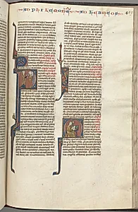 Fol. 459r, Philemon, historiated initial P, Paul addressing three men and Hebrews, historiated initial M, Paul seated at a desk, writing by Unknown Artist