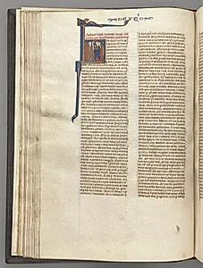 Fol. 62v, Deuteronomy, historiated initial H, Moses with horns and scroll preaching to two men by Unknown Artist